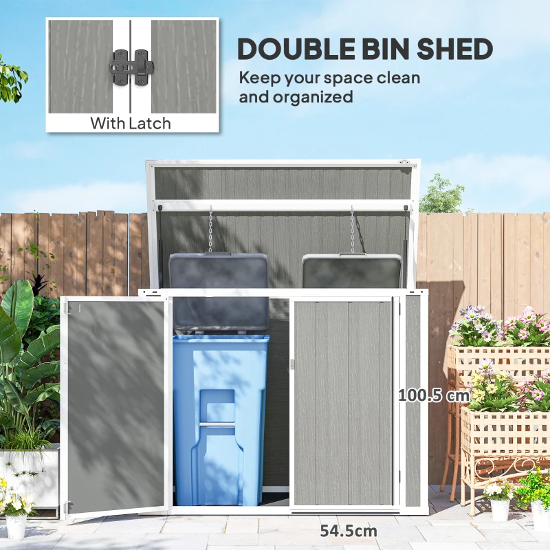 Outsunny 4.7 x 2.5FT Garden Shed, Double Bin Storage Shed with Lockable Doors, Outdoor Small Shed with Openable Lid for 2 Trash Cans, Garden Tools, Grey