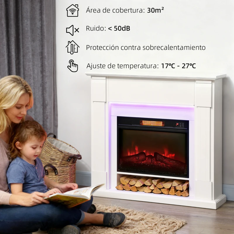HOMCOM Chimenea Eléctrica Empotrable con Efecto de Llama 3D Tira de Luz LED RGB 1800W Temporizador Termostato Blanco
