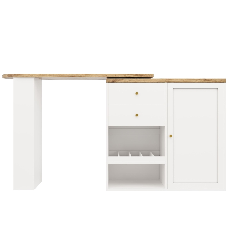 Bancone bar girevole a 360° con 2 cassetti e armadietto con anta scorrevole, 3 ripiani aperti, Bianco