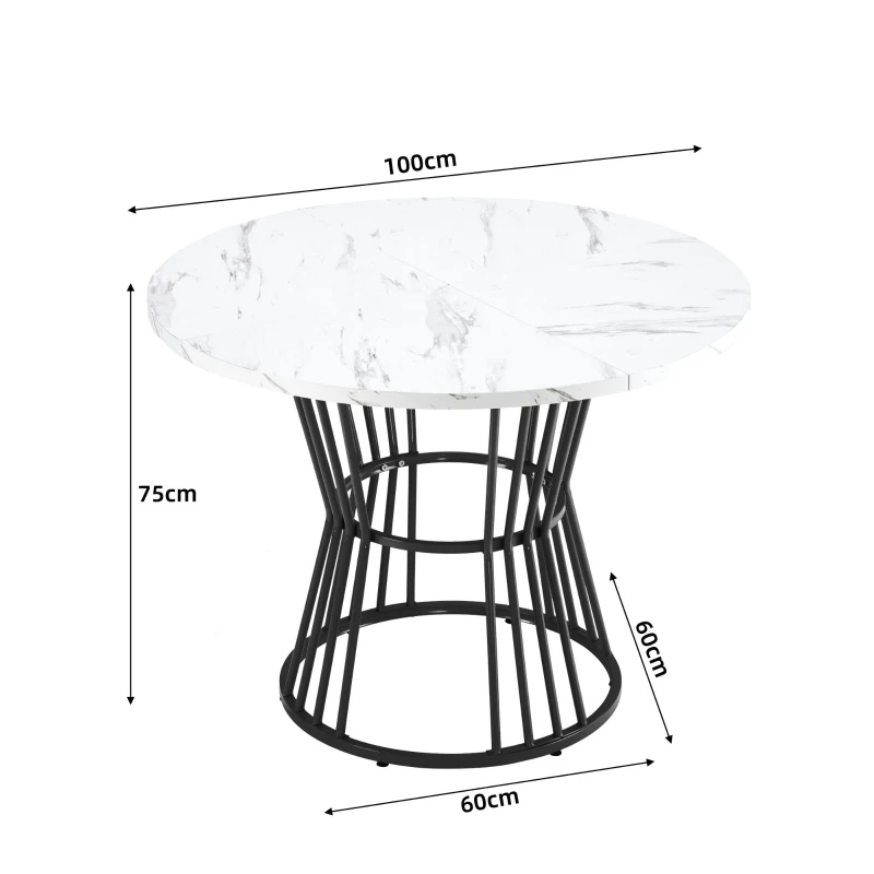 Tavolo da pranzo rotondo moderno, piano in MDF con struttura in metallo, 100x100x75 cm, Bianco e Nero