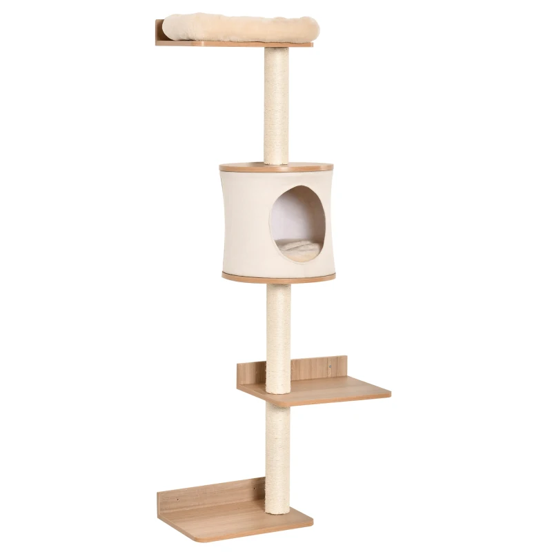 PawHut Copac pentru Pisici de Perete 38x30x149 cm cu Multiple Platforme din Lemn Vizuini Pat Superior Pernă Detașabilă Stâlpi Zgârietoare din Sisal Turn de Cățărat Bej și Stejar