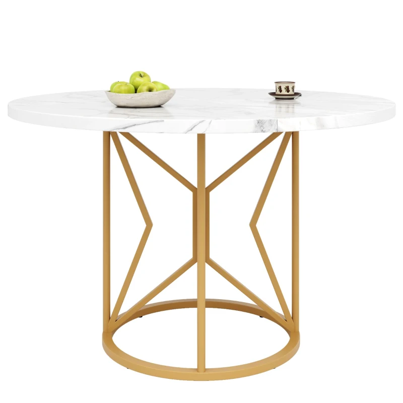 Tavolo da pranzo rotondo in MDF, gambe in metallo, 100x100x76 cm, Bianco e Oro