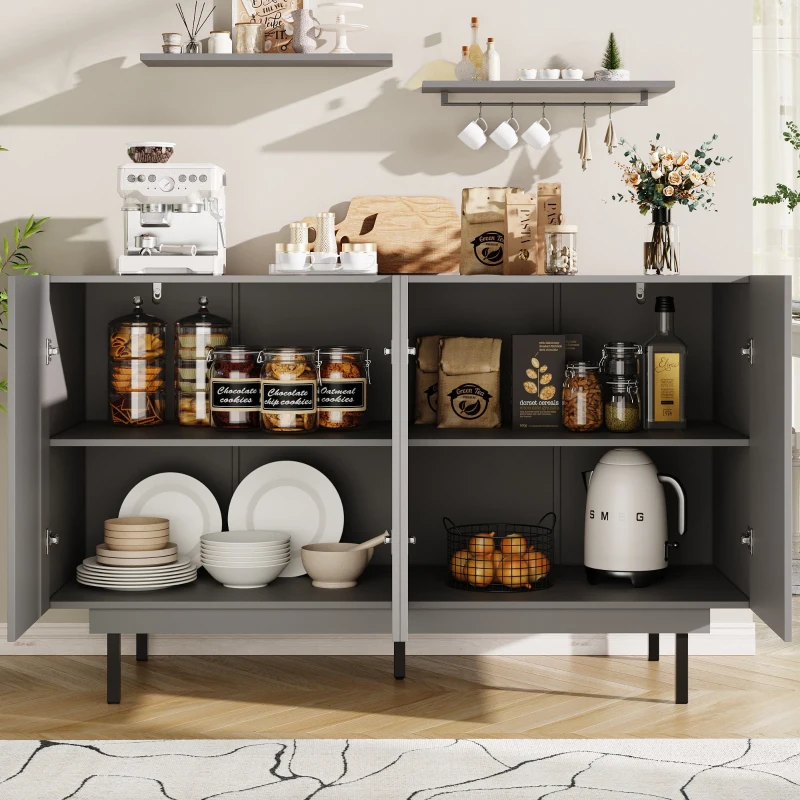 Bufet minimalist pentru sufragerie, cu 4 uși și rafturi reglabile, 140x38,5x82,5 cm, Gri