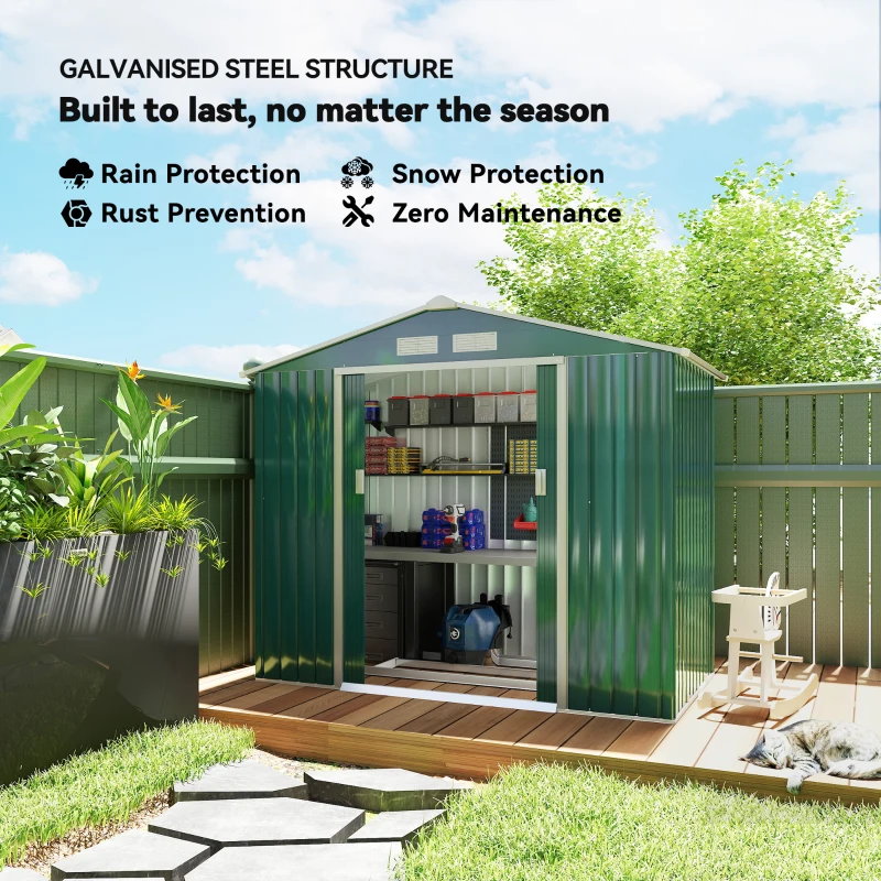 Outsunny 7ft x 4ft Lockable Garden Shed Large Patio Roofed Tool Metal Storage Building Foundation Sheds Box Outdoor Furniture, Green