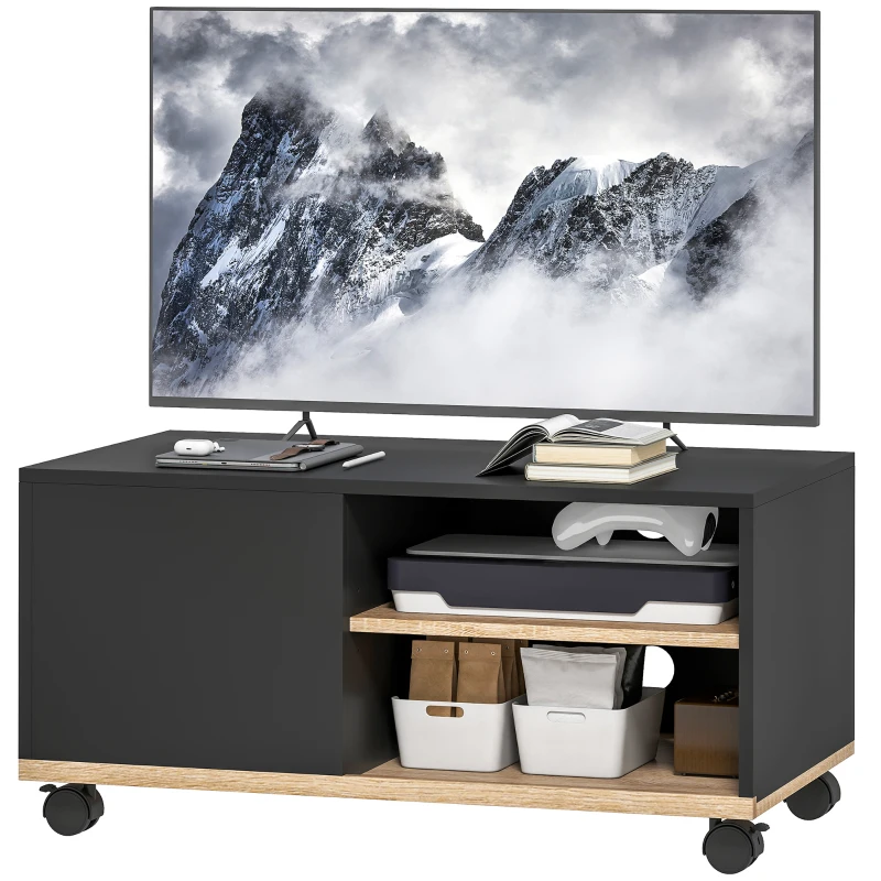 HOMCOM Mobile Porta TV fino 42"con Ruote e Freni, Armadietto e Ripiano Regolabile, 80x45x41 cm, Nero