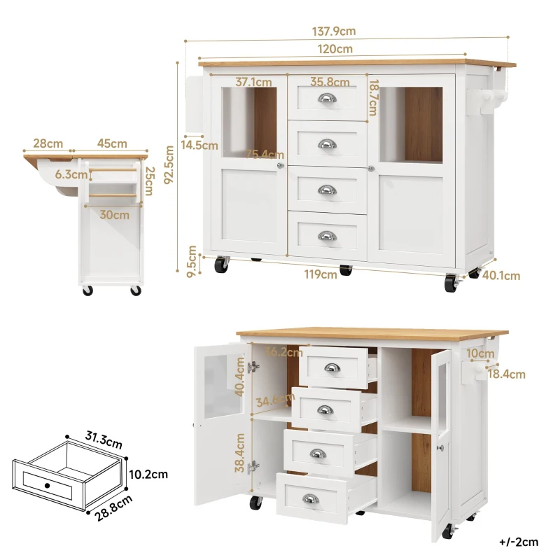 Îlot de cuisine avec plateau réglable, deux portes et quatre tiroirs, 137,9x45/73x92,5 cm, Blanc