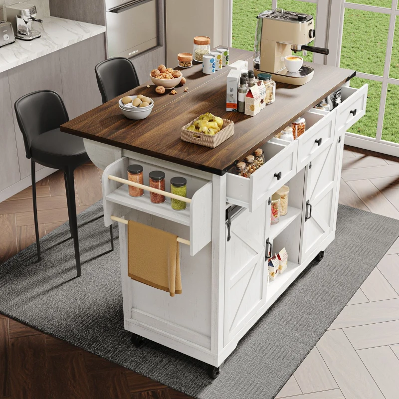 Îlot de cuisine avec plateau rabattable, chariot de service sur roulettes avec 2 portes coulissantes et 3 tiroirs, 140x45/73x94 cm, Beige