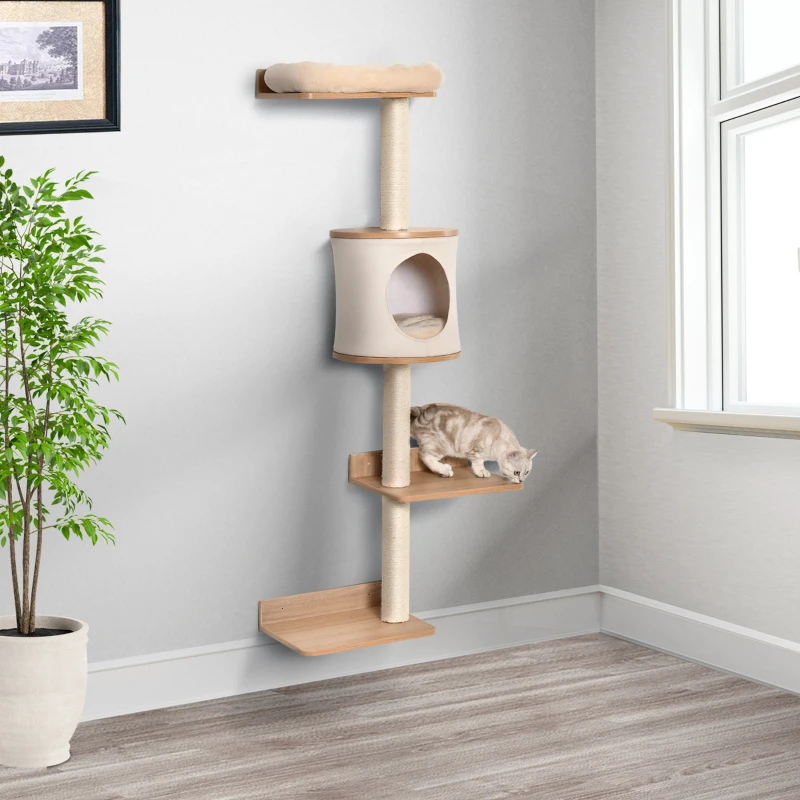 PawHut Copac pentru Pisici de Perete 38x30x149 cm cu Multiple Platforme din Lemn Vizuini Pat Superior Pernă Detașabilă Stâlpi Zgârietoare din Sisal Turn de Cățărat Bej și Stejar