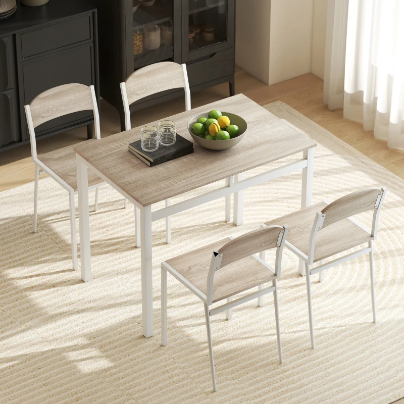 HOMCOM Conjunto de Mesa e Cadeiras de Refeição Mesa de Cozinha Retangular com 4 Cadeiras Estilo Moderno Carvalho e Branco
