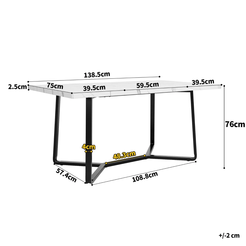 Tavolo da pranzo per 4-6 persone con piano effetto marmo in MDF, 108.8x75x76 cm, Bianco e Nero