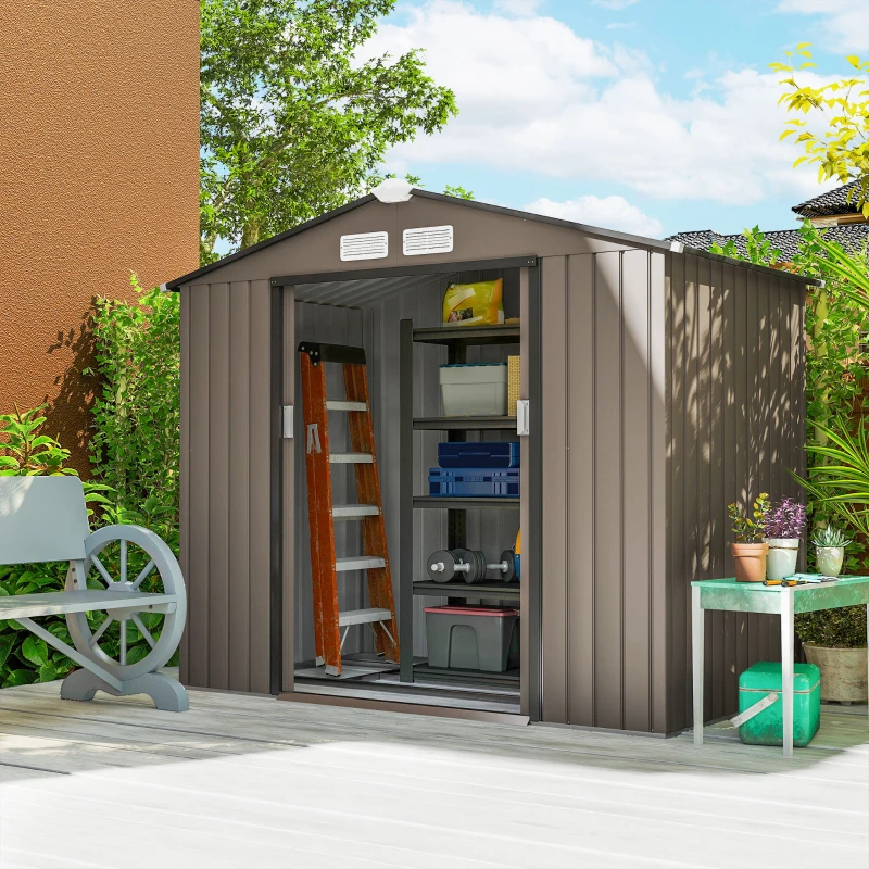 Outsunny Abrigo de Jardim 213x130x185 cm Abrigo de Jardim Metálico de Exterior com 2 Portas Deslizantes e 4 Janelas Marrom