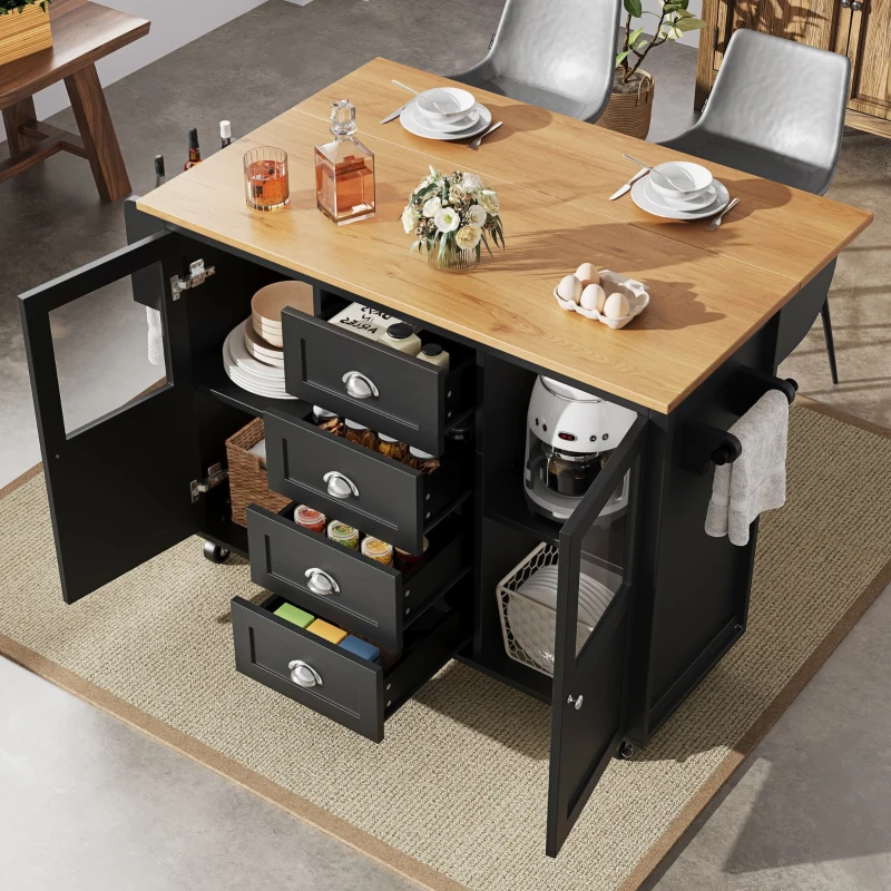 Îlot de cuisine avec plateau réglable, deux portes et quatre tiroirs, 137,9x45/73x92,5 cm, Noir