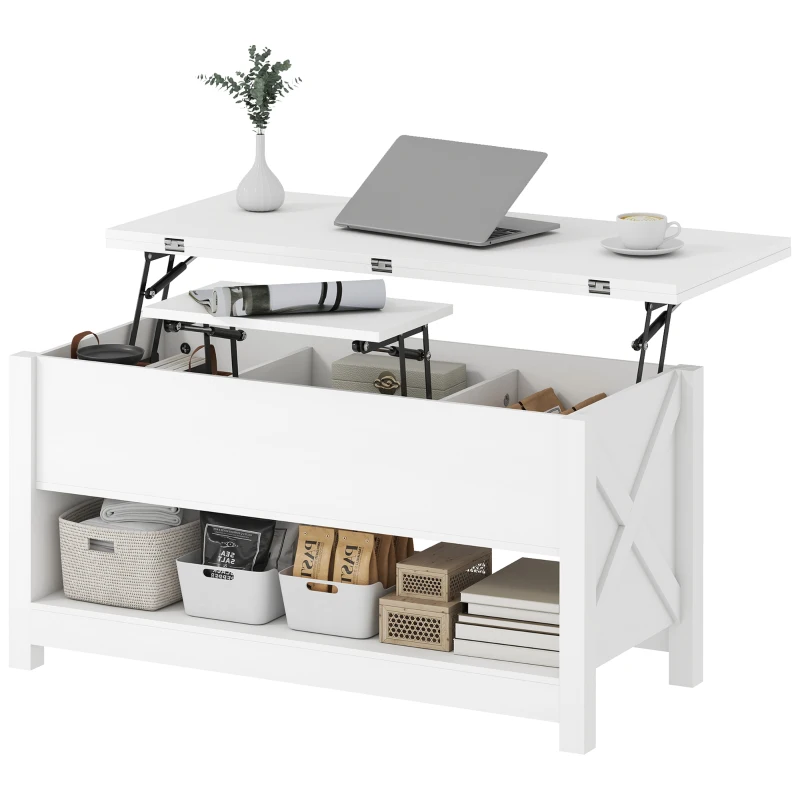 HOMCOM Mesa de Centro Elevatória e Extensível com Compartimentos Ocultos e Prateleira Aberta 100x90x64 cm Branco