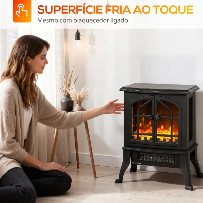 HOMCOM Lareira Elétrica 900/1800W com Efeito Chama 3D 2 Níveis de Potência Termóstato Ajustável  para 15-30 ㎡ 39x24x48 cm Preto