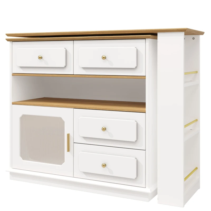 Bancone da bar allungabile con contenitore, girevole a 360°, MDF e vetro, 125-181x39x104,5 cm, Bianco