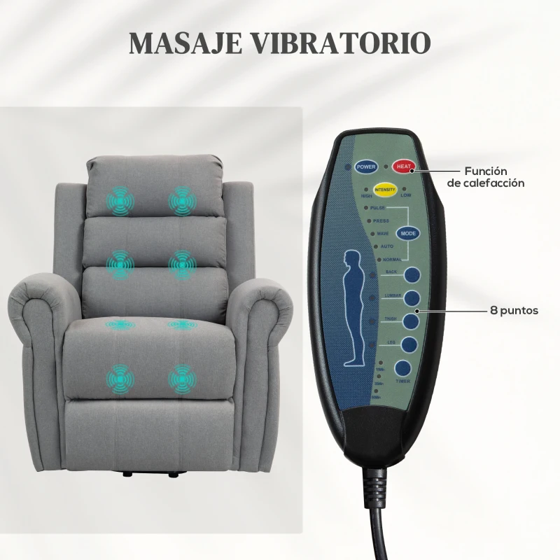 HOMCOM Sillón Relax Reclinable Eléctrico Levanta Personas con Masaje Vibratorio y Calor Control Remoto Gris