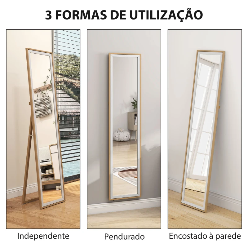 HOMCOM Espelho de Pé 157x37 cm com Moldura em MDF Espelho de Parede Retangular  com 2 Formas de Utilização Madeira e Prata