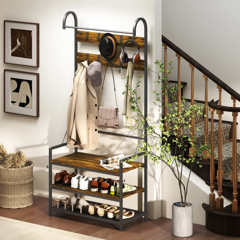 HOMCOM Suport de Haine de Intrare cu Bară, Cârlige, Bancă și Raft pentru Încălțăminte Maro și Negru