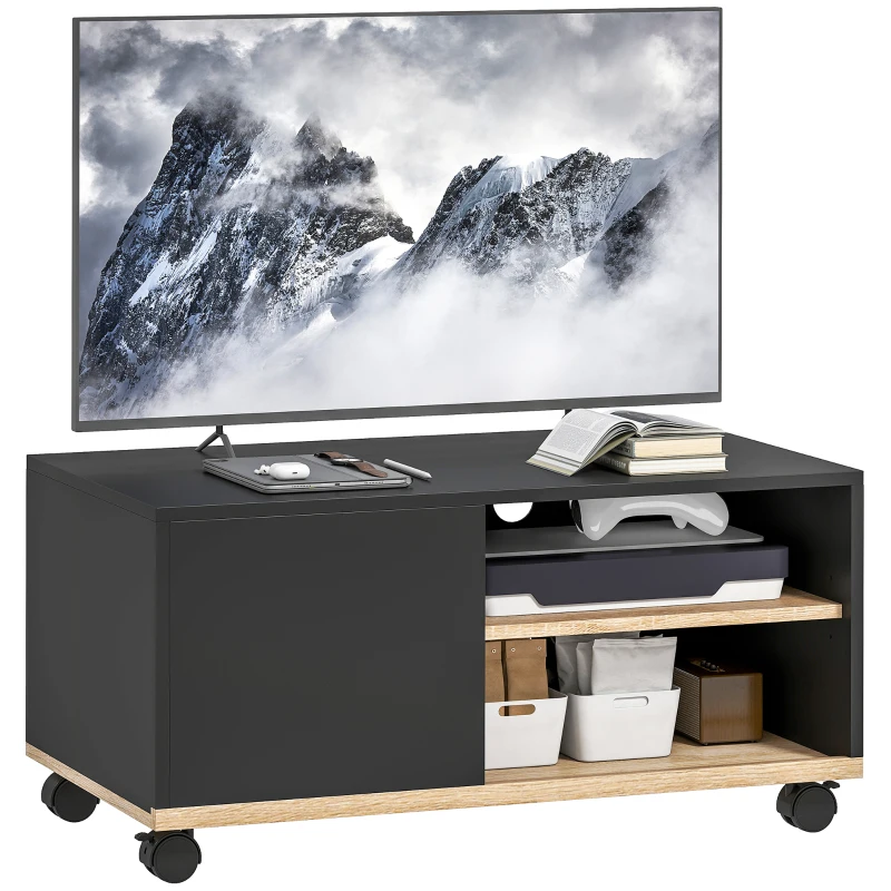 HOMCOM Mobile Porta TV fino 42"con Ruote e Freni, Armadietto e Ripiano Regolabile, 80x45x41 cm, Nero