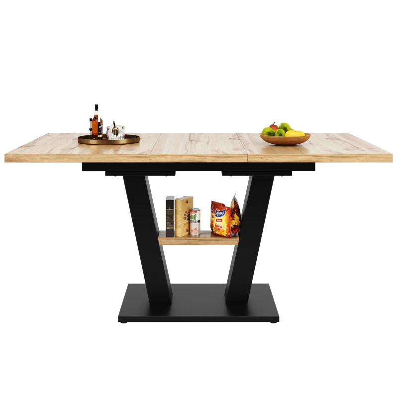 Table de salle à manger extensible avec pieds en V, MDF et métal, 118-157x70x75 cm, Couleur naturelle
