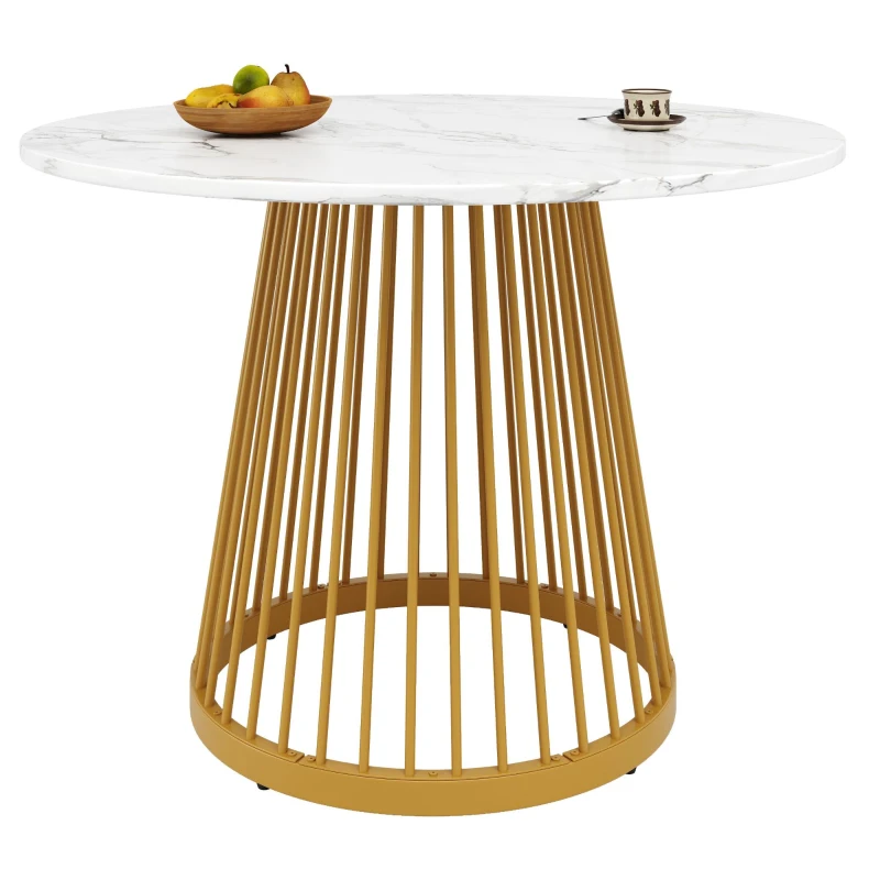 Tavolo da pranzo rotondo per 4 persone con piano in MDF e gambe in metallo, 80x80x76 cm, Bianco e Oro