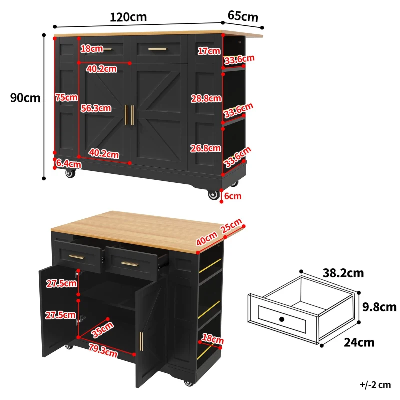 Îlot de cuisine moderne avec plateau de table réglable, table à manger multifonctionnelle avec rangement, 120x40/65x90 cm, Noir