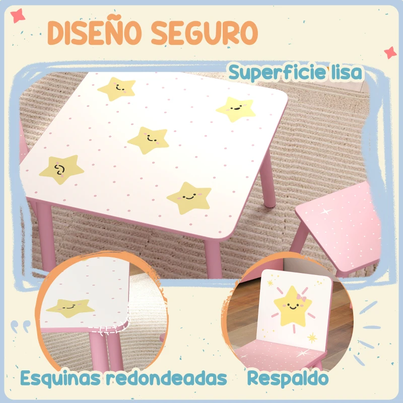 AIYAPLAY Mesa y Sillas Infantiles de 3 Piezas Mesa Infantil con 2 Sillas de Madera de Pino para niños de +3 Años 60x60x44 cm Rosa