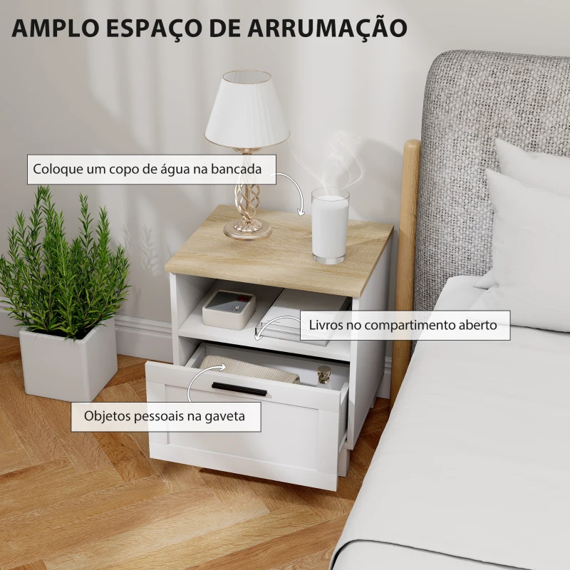 HOMCOM Conjunto de 2 Mesas de Cabeceira Modernas com Gaveta Compartimento Aberto Pés de Madeira 45x38x50 cm Branco