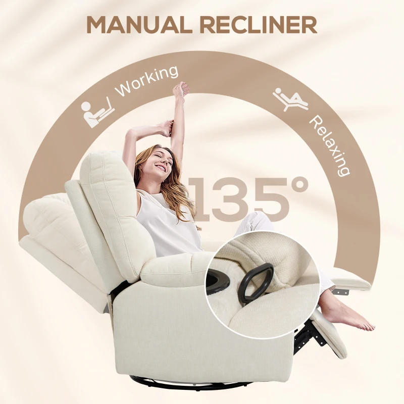 HOMCOM Fotoliu Modern Reclinabil 135° cu Suport pentru Picioare și Suporturi pentru Pahare Bej