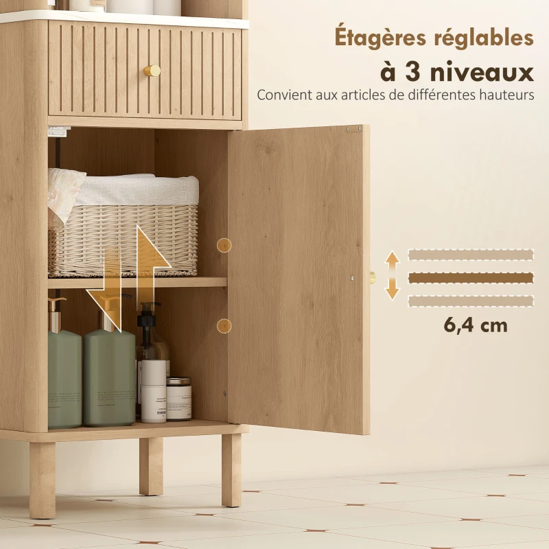 HOMCOM Armoire salle de bain haute meuble de rangement colonne avec tiroir coulissant silencieux 2 placards 41,5x30x168cm chêne