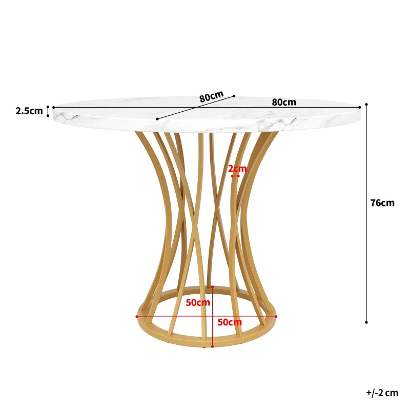Tavolo da pranzo rotondo per 4 persone con piano in MDF, 80x80x76 cm, Bianco e Oro