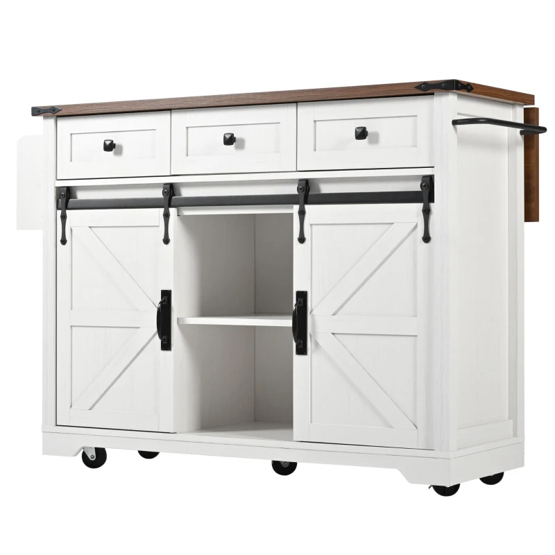 Îlot de cuisine avec plateau rabattable, chariot de service sur roulettes avec 2 portes coulissantes et 3 tiroirs, 140x45/73x94 cm, Beige