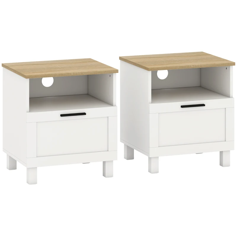 HOMCOM Conjunto de 2 Mesas de Cabeceira Modernas com Gaveta Compartimento Aberto Pés de Madeira 45x38x50 cm Branco