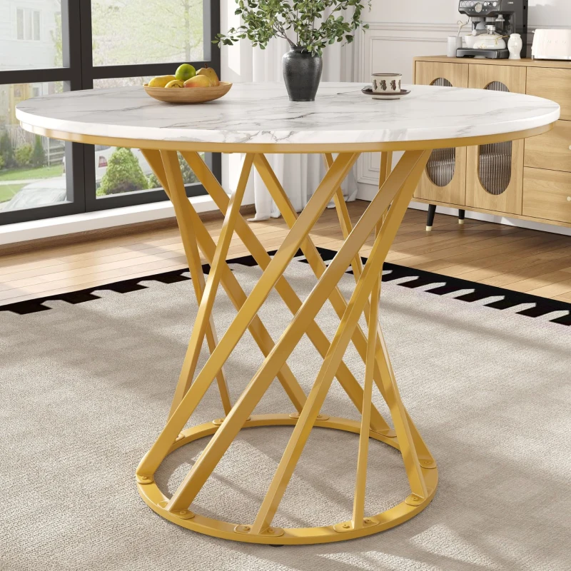 Tavolo da pranzo rotondo per 4 persone con piano in MDF e gambe in metallo, 80x80x76 cm, Bianco e Oro