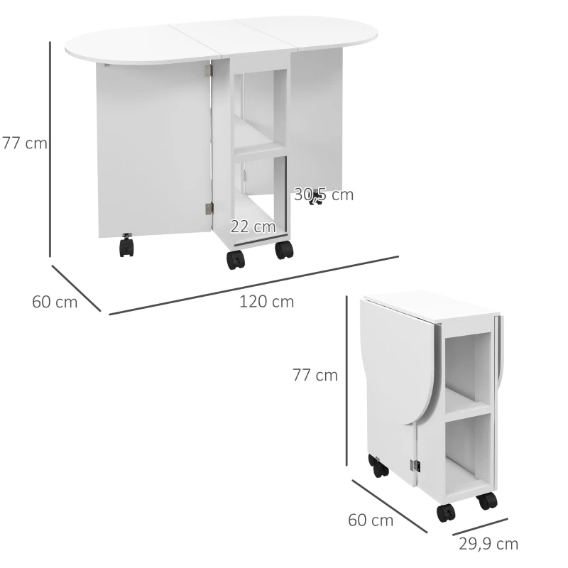 HOMCOM Table à manger pliante sur roulettes, table de cuisine pour 4 personnes, 2 abattants et 2 étagères, 120x60x77cm, blanc