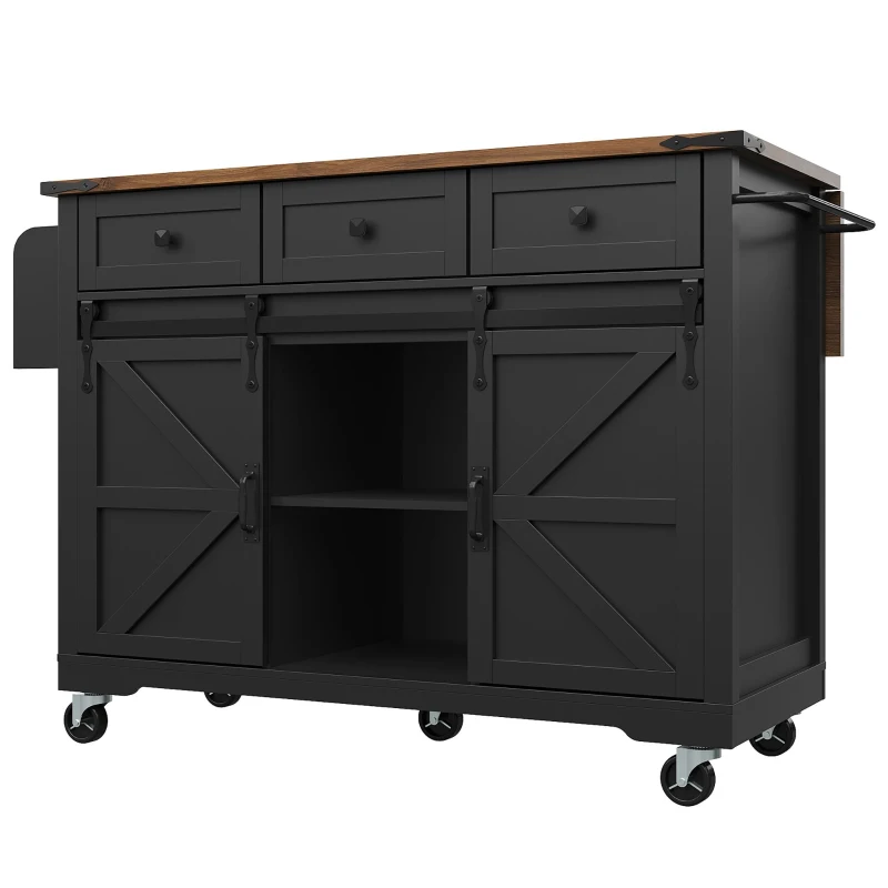Kücheninsel mit klappbarer Tischplatte, Servierwagen auf Rollen mit 2 Schiebetüren und 3 Schubladen, 140 x 45/73 x 94 cm, Schwarz