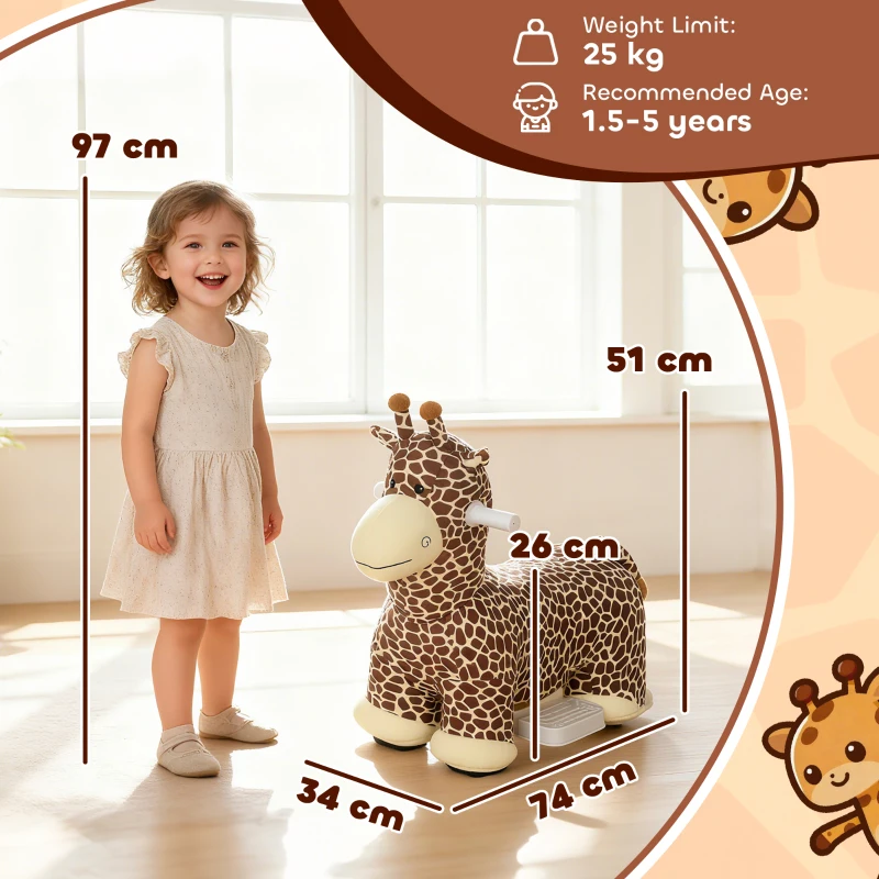 AIYAPLAY Giraffa cavalcabile, alimentazione a batteria, rivestimento lavabile, pedali, ruote silenziose, musica, 1,5-5 anni, Marrone