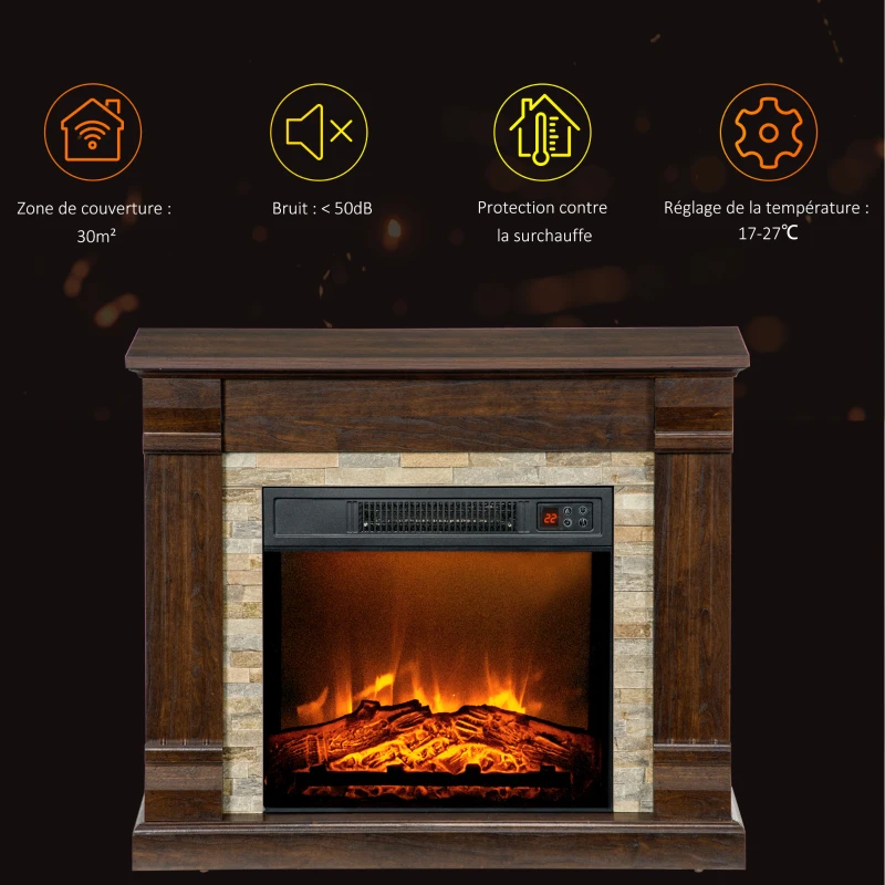 HOMCOM Cheminée électrique, cheminée décorative 1800W effet flamme, luminosité et température réglables, 80x21,6x67,8cm, marron