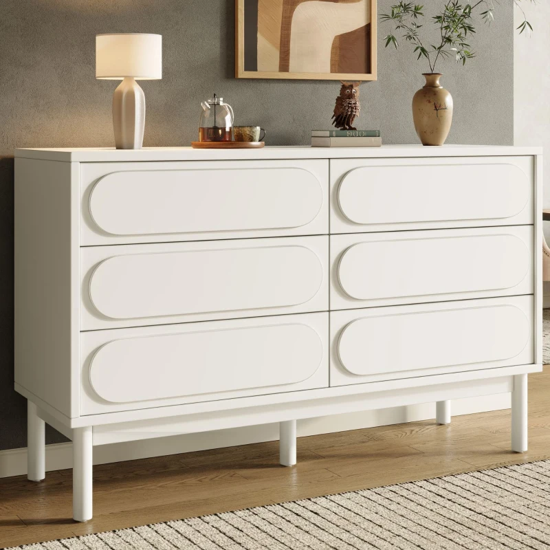 Buffet de salle à manger blanc avec 6 tiroirs spacieux, design tridimensionnel des portes d'armoire, 120x40x75 cm, Blanc