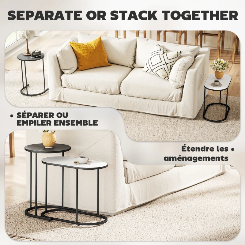 HOMCOM Lot de 2 tables basses gigognes, tables d'appoint empilable style contemporain, cadre en métal gris et blanc