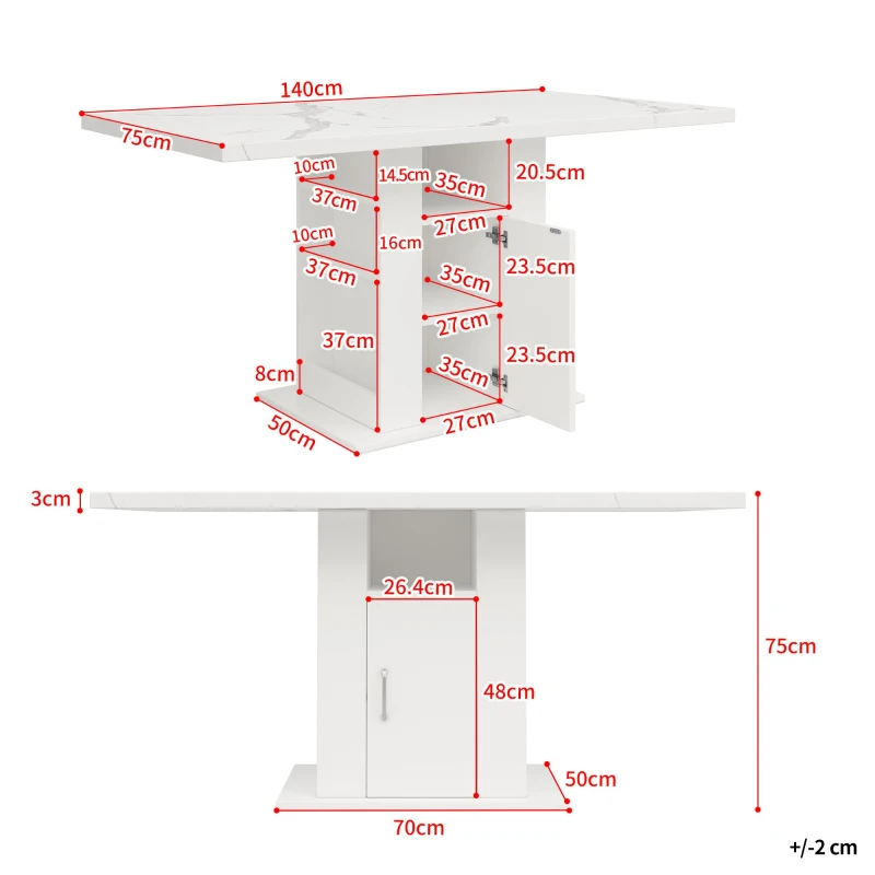 Tavolo da cucina con vano portaoggetti e ripiani a 3 livelli, 140x75x75 cm, Bianco