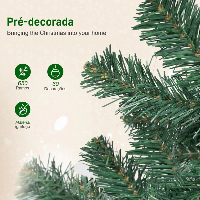 HOMCOM Árvore de Natal de 180 cm com Decorações 200 Luzes LED Branco Quente 8 Modos de Iluminação e 650 Ramos Verde