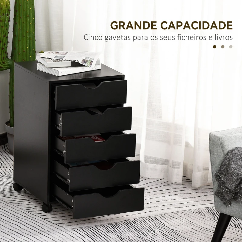 HOMCOM Bloco de Gavetas com Rodas Bloco de Gavetas para Escritório com 5 Gavetas  40x40x67 cm Preto