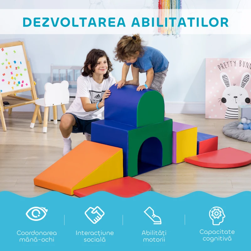 HOMCOM Set de Joc pentru Copii 1-3 Ani cu 7 Blocuri Multicolor în PU și EPE, 170x130x40 cm