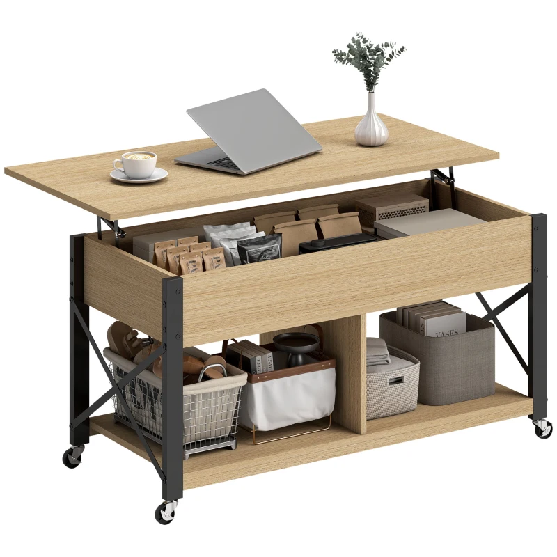 HOMCOM Table Basse Relevable sur Roulettes Table de Salon avec Compartiment Caché Étagères Ouvertes Bois naturel et blanc