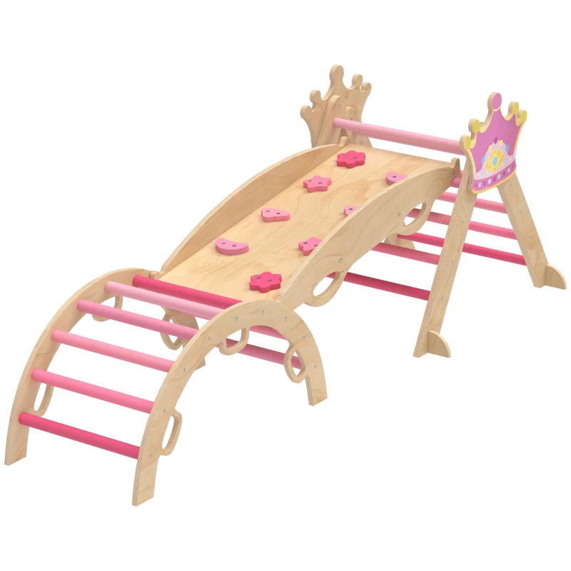 AIYAPLAY 8 in 1 Triangolo da Arrampicata in Legno Struttura da Arrampicata Montessori Tema Corona con Arco e Rampa Rosa