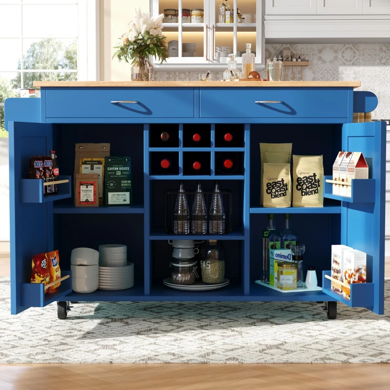 Îlot de cuisine moderne, table à manger multifonctionnelle avec espace de rangement, 102x45x92 cm, Bleu