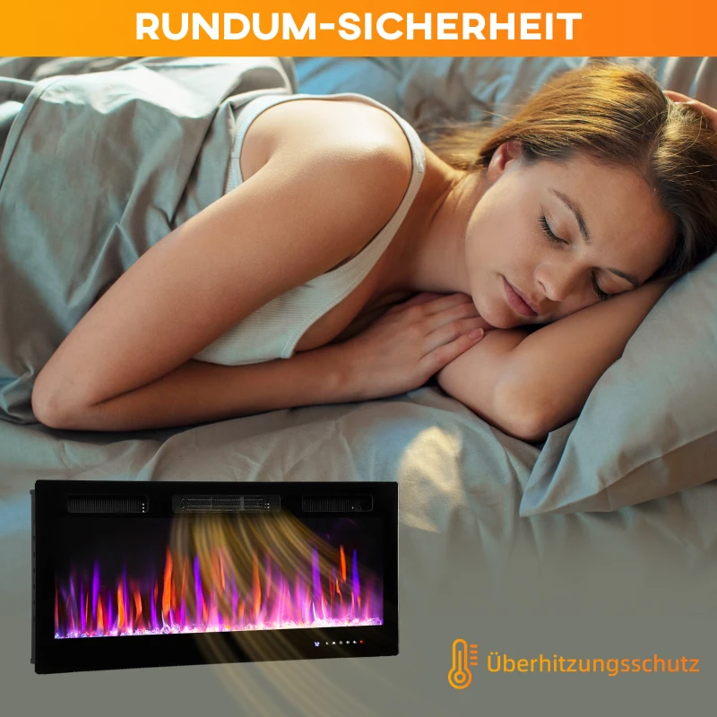 HOMCOM Elektrische haard, wandmontage, instelbare vlammen, thermostaat, timer, staal, zwart