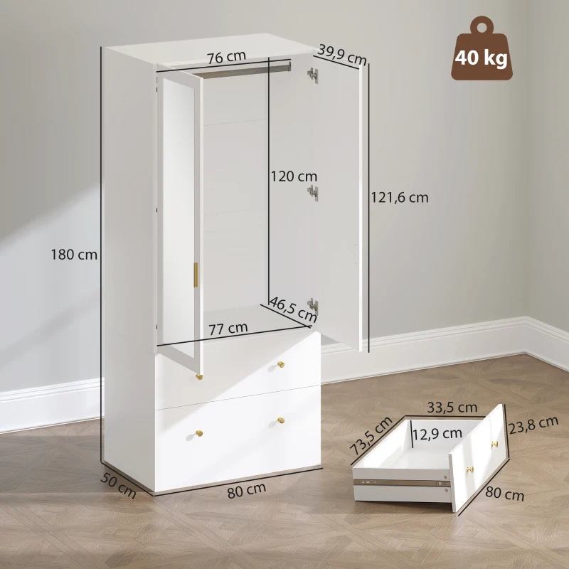 HOMCOM Roupeiro com  2 Portas e 2 Gavetas Armário Roupeiro com Espelho Barra para Pendurar Estilo Moderno 80x50x180 cm Branco