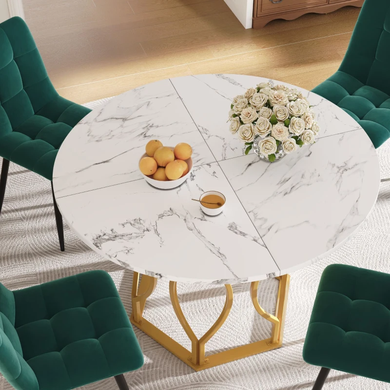 Tavolo da pranzo rotondo per 4 persone con piano in MDF e gambe in metallo, 100x100x76 cm, Bianco e Oro